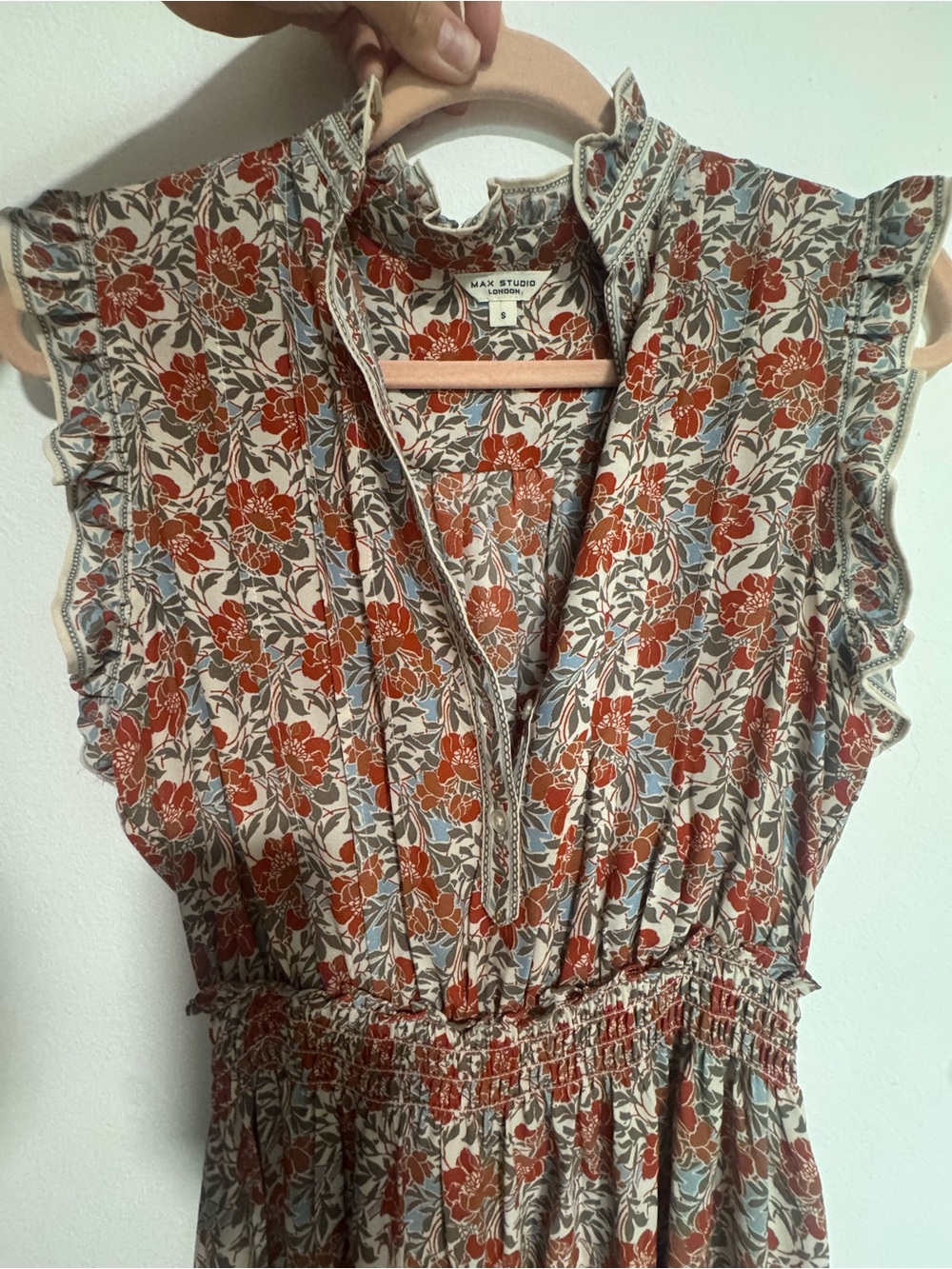 Max Studio Cream Floral Sleeveless V-Neck Tunic with Rust Blooms